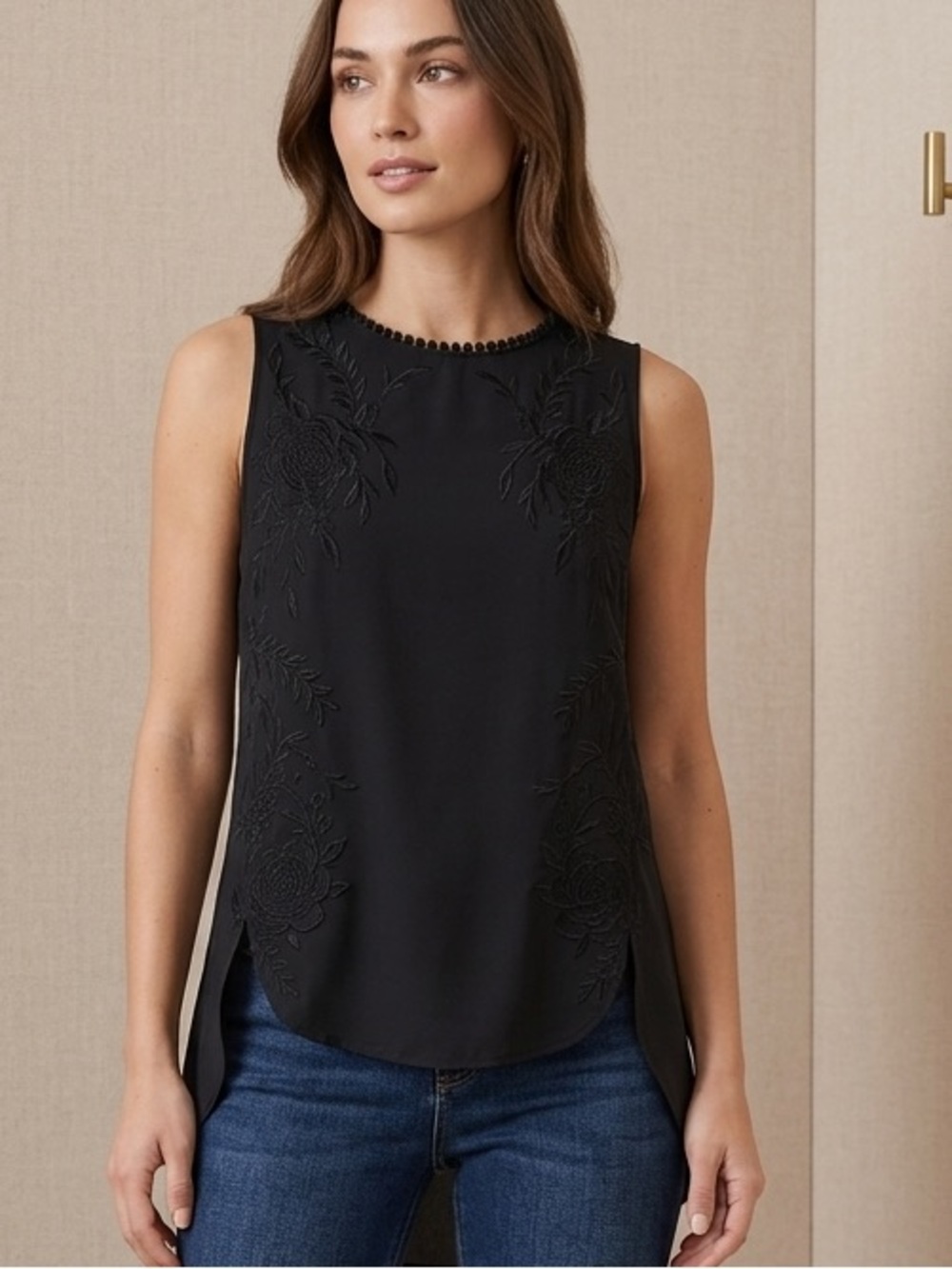 White House Black Market Black Embroidered Sleeveless Blouse - Size Small